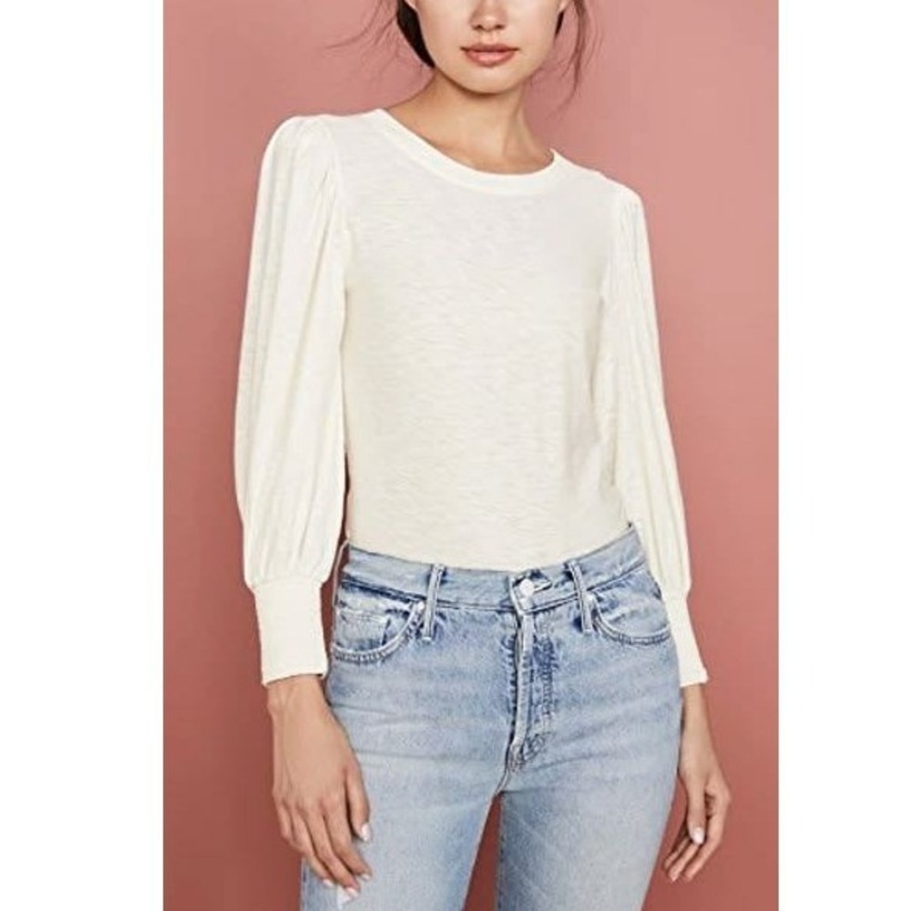 Nation LTD Loren Tee S Puff Sleeve Peasant Top Slub Knit Pima Cotton Ivory